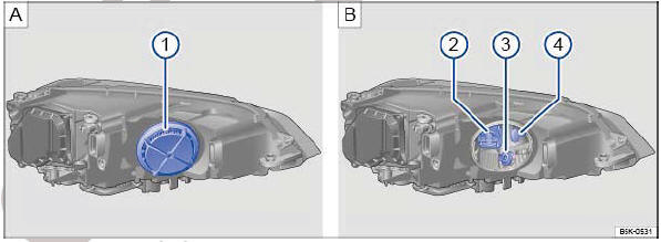 Şek. 230 Motor bölmesinde: 1 sol ön Xenon fardaki kapak, 2 dönüş farı, 3 , sinyal lambası 4 park lambası ve gündüz sürüş farı.