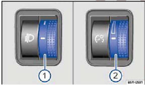 Şek. 83 Direksiyonun yanında: Far ayarı (1) ve gösterge ve düğme aydınlatması ayarı (2)