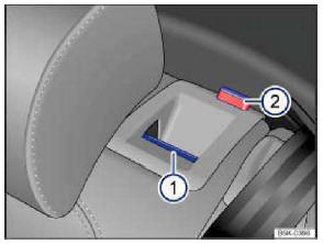 Şek. 95 Arka koltuk grubu: Kilit açma düğmesi (1); kırmızı işaret (2).